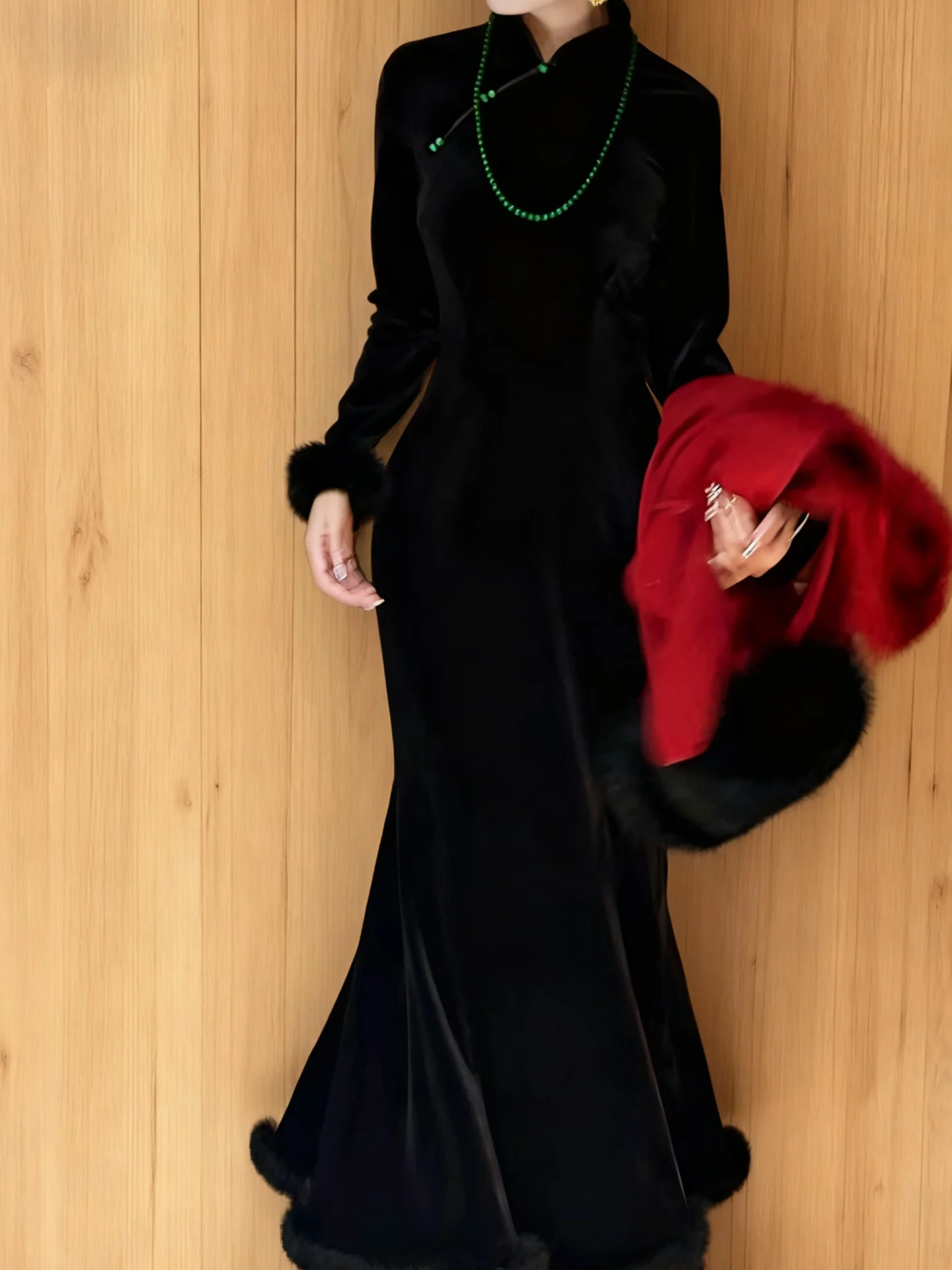 

Элегантное черное бархатное платье-русалка с длинными рукавами, облегающее, новое, в китайском традиционном стиле, «Лотосовый туман»