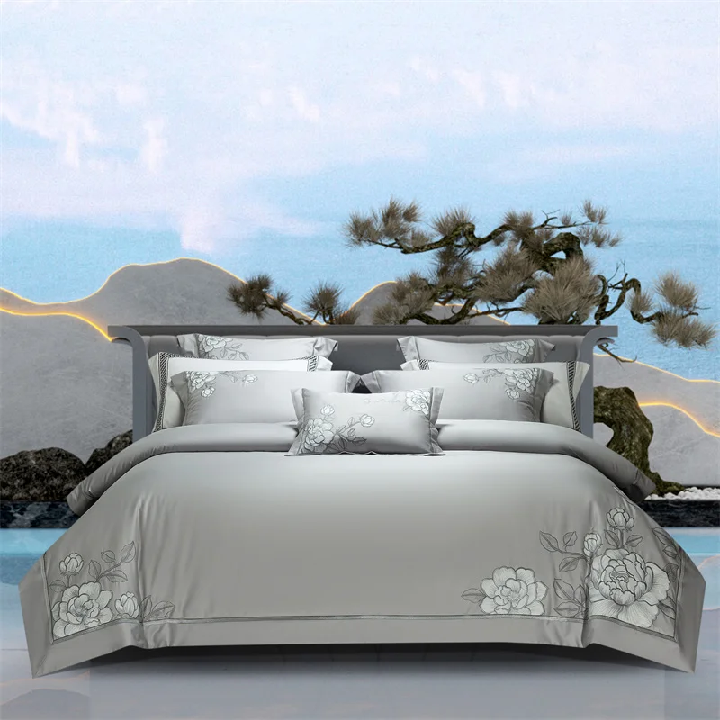 

1200TC Egyptian Cotton Luxury Chinese Style Flowers Embroidery Bedding Set Duvet Cover Bed Sheet/Fitted Sheet Pillowcases 4Pcs