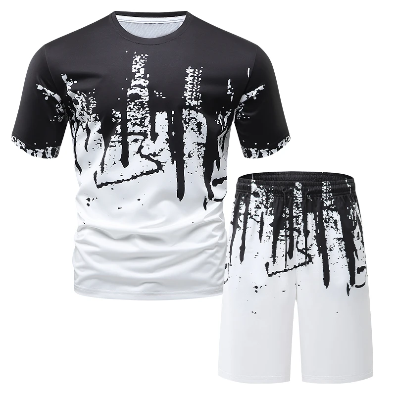 

Men Summer Sportswear Suit Short-Sleeve T Shirt + Shorts 2 Pieces Sets New Male Fashion Print Running Tracksuit Eur Size