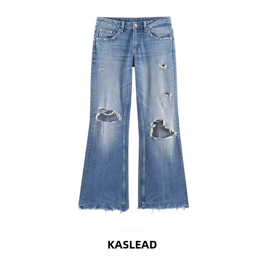 

Новые женские модные джинсы KASLEAD с прямым кроем и разрезами, средней посадки, модель 2569014, повседневные брюки с пуговицами на естественной талии, из полиэфирного волокна