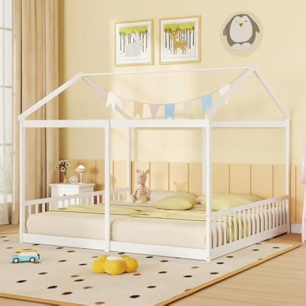 Giantex Letti matrimoniali da pavimento per 2 bambini, Letto Montessori in legno con recinzione e tetto, supporto a doghe in legno, facile da montare, senza scatola Spr