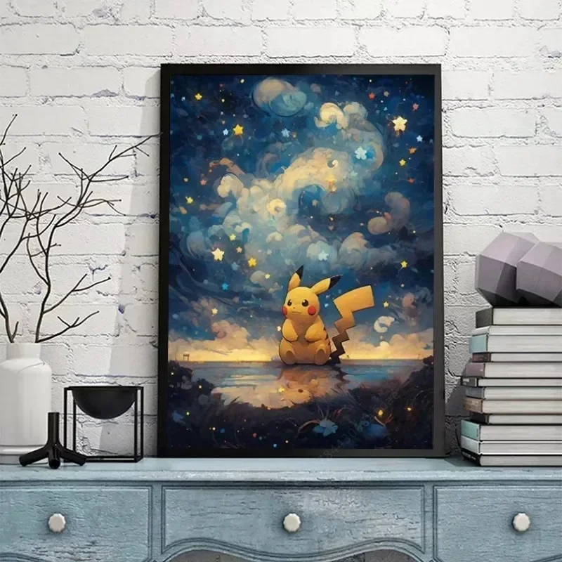 Van Gogh Sternen himmel Anime Figuren Tasche Monster Pikachu Aquarell Malerei Leinwand Poster druckt Wand kunst Bild Wohnzimmer