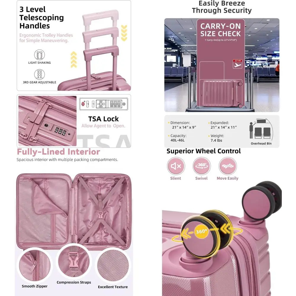 20 Inch Lavender Expandable Carry-On Luggage with Spinner Wheels, TSA Lock, and Front Pocket (Silk Rose)