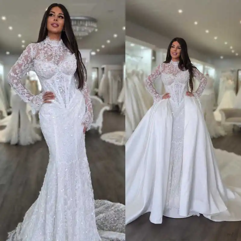 

Элегантное свадебное платье русалки с длинными рукавами, атласное, с блестками, специальный дизайн, со съемным шлейфом, Vestido De Noiva по индивидуальному заказу