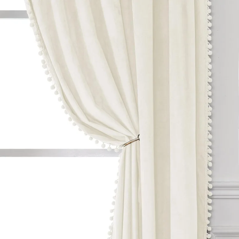 

Pom Velvet Curtains for Bedroom, Blackout Curtains Room Darkening Sun Light Blocking Rod Pocket Window Drape