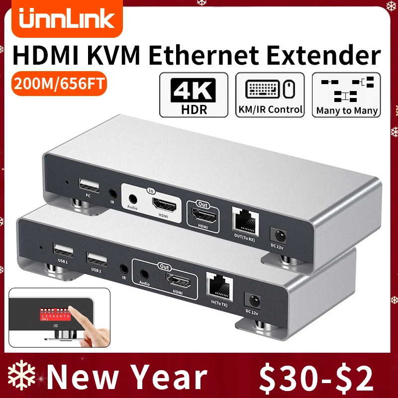 

Unnlink HDMI KVM Extender 200m 4K 30Hz Over IP Rj45 USB Ethernet Extender 656FT With IR EDID Share Mouse Keyboard To TV Monitor