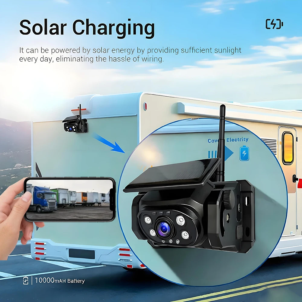 Magnetic Solar Wireless WiFi 1080P Rear View Backup Camera Built-In Battery iPhone Android APP Waterproof for RV Truck Camper