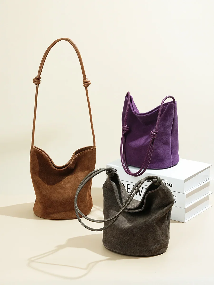 

Осенне-зимняя женская замшевая сумка-мессенджер из натуральной кожи, высококачественная изысканная портативная маленькая сумка-ведро из матовой яловой кожи