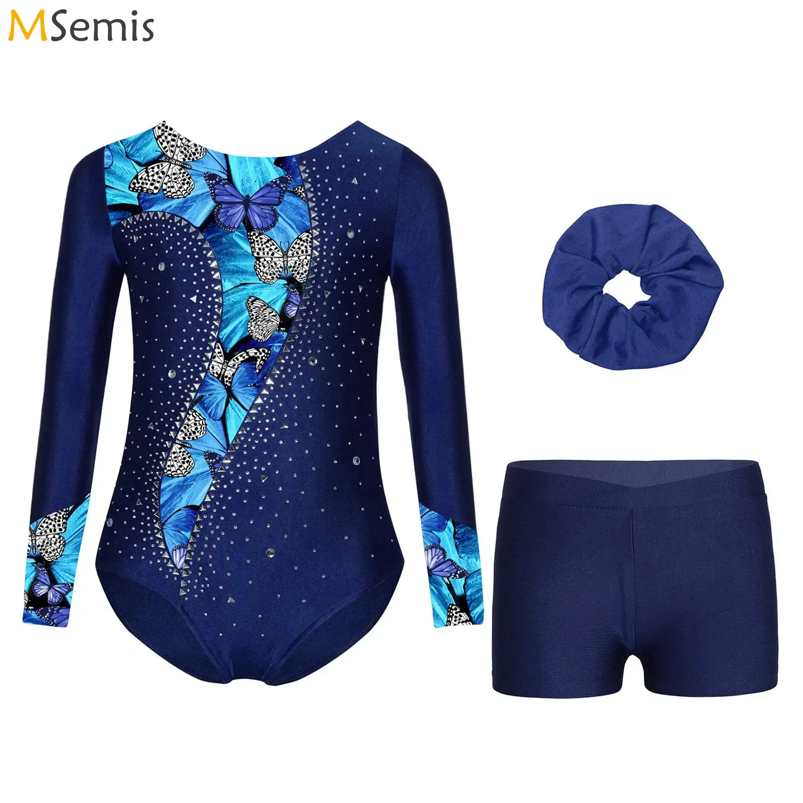 

Детский костюм для балета и танцев с блестящими стразами для девочек, гимнастическая одежда, трико с длинными рукавами и принтом, боди с шортами, головные уборы