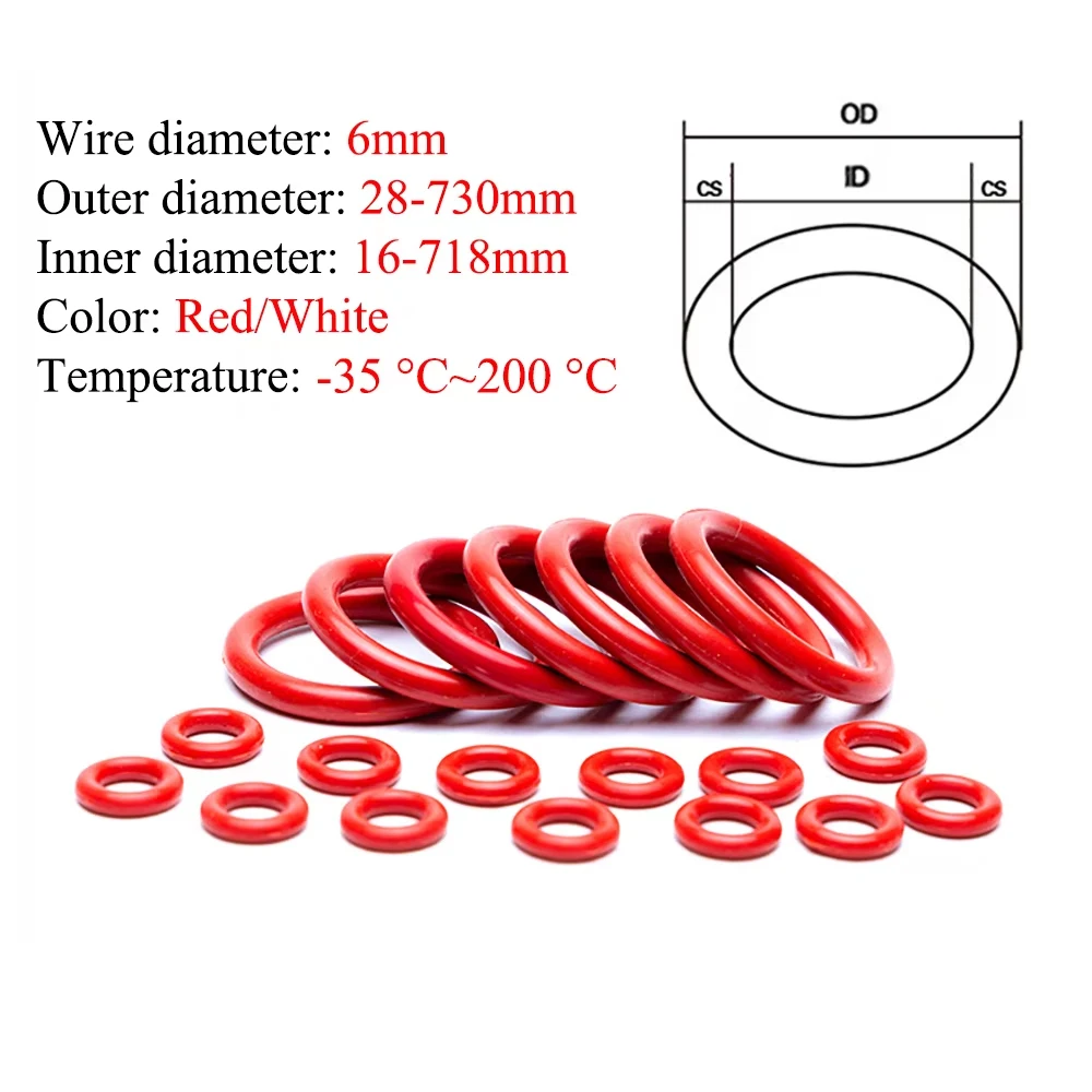 

1-10Pcs CS 6mm OD 28-730mm Red/White Silicone Ring Gasket Silicon O Ring Food Grade Rubber Waterproof & Insulated Gasket Washer