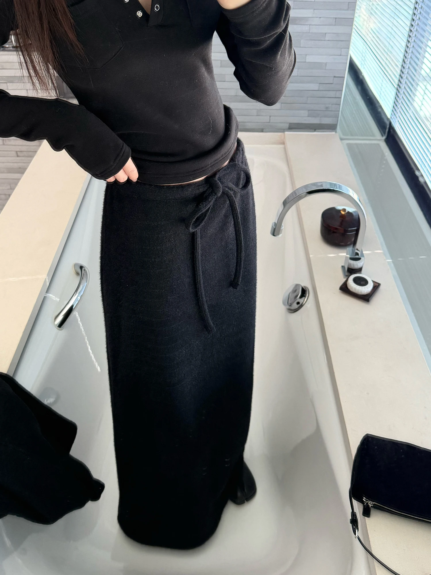 

Зимняя шерстяная юбка миди свободного кроя с завышенной талией, без резинки, с эффектом стройности, простая длинная юбка для женщин