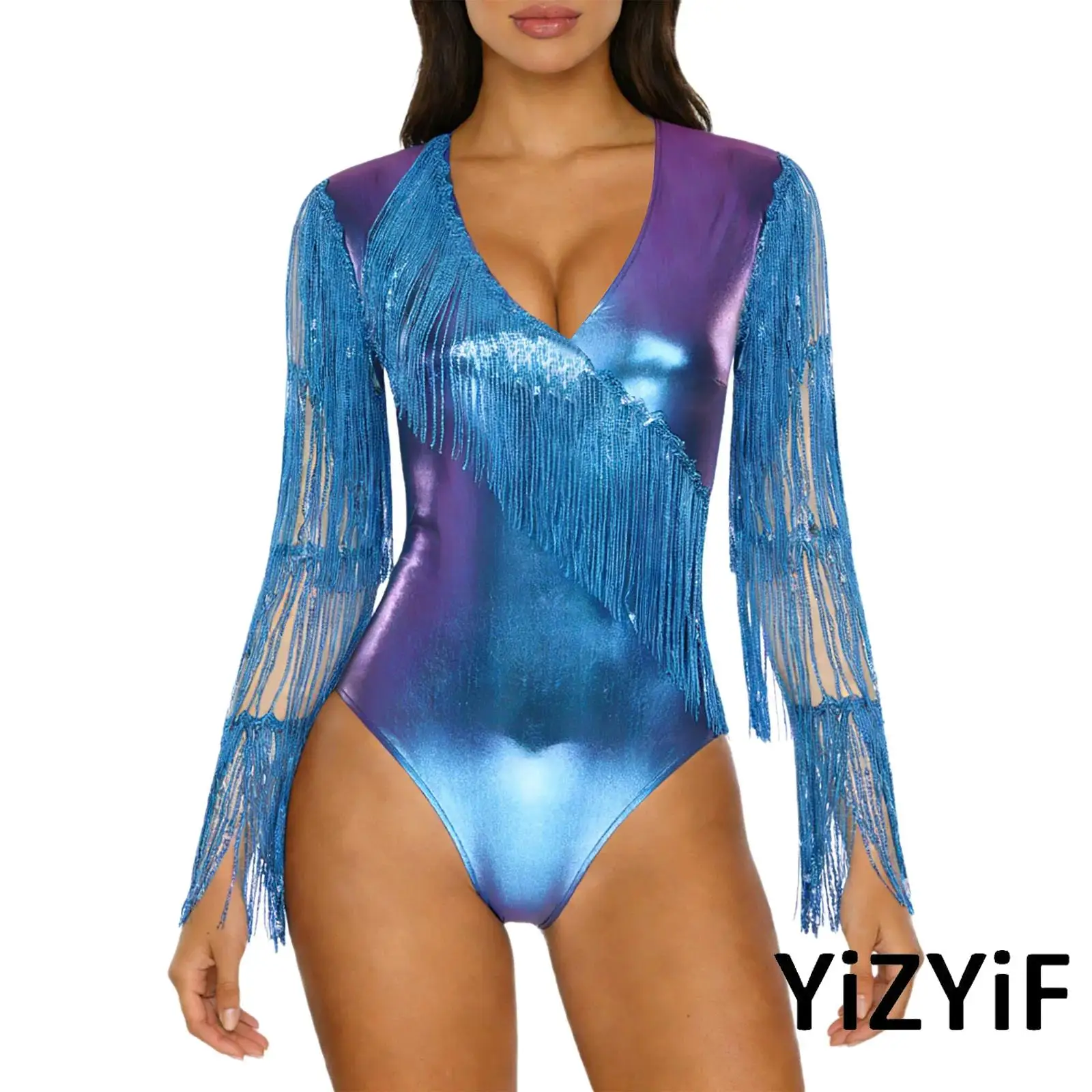 ชุดบอดี้สูทผู้หญิงแบบเมทัลลิกเงาวาวสำหรับเต้นแจ๊สบนเวที  ประดับเลื่อมระยิบระยับ  คอวี  แขนยาว  ผ้าตาข่าย  จั๊มสูทเข้ารูป  ชุดคลับแวร์