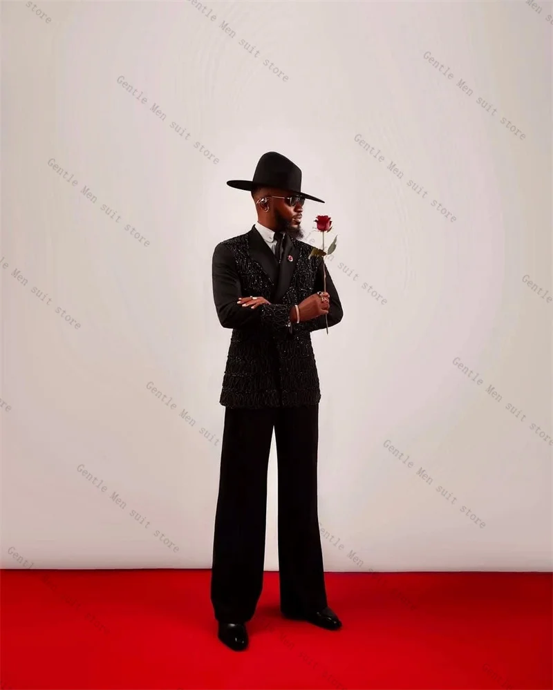 

Black Men Suit Set 2 Piece Beaded Blazer+Pants Trousers Cotton Luxury Wedding Tuxedos Formal Office Jacket Coat Customized