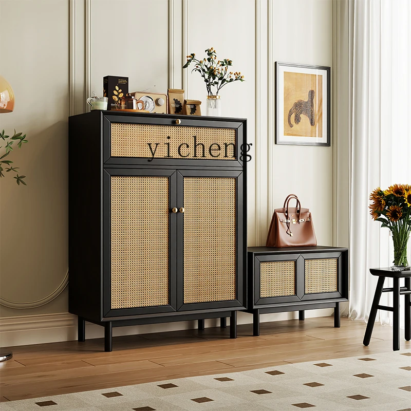 ZC Home Entrance Cabinet Hallway Shoe Cabinet Solid Wood Vintage Rattan Wood Color Black Side Cabinet