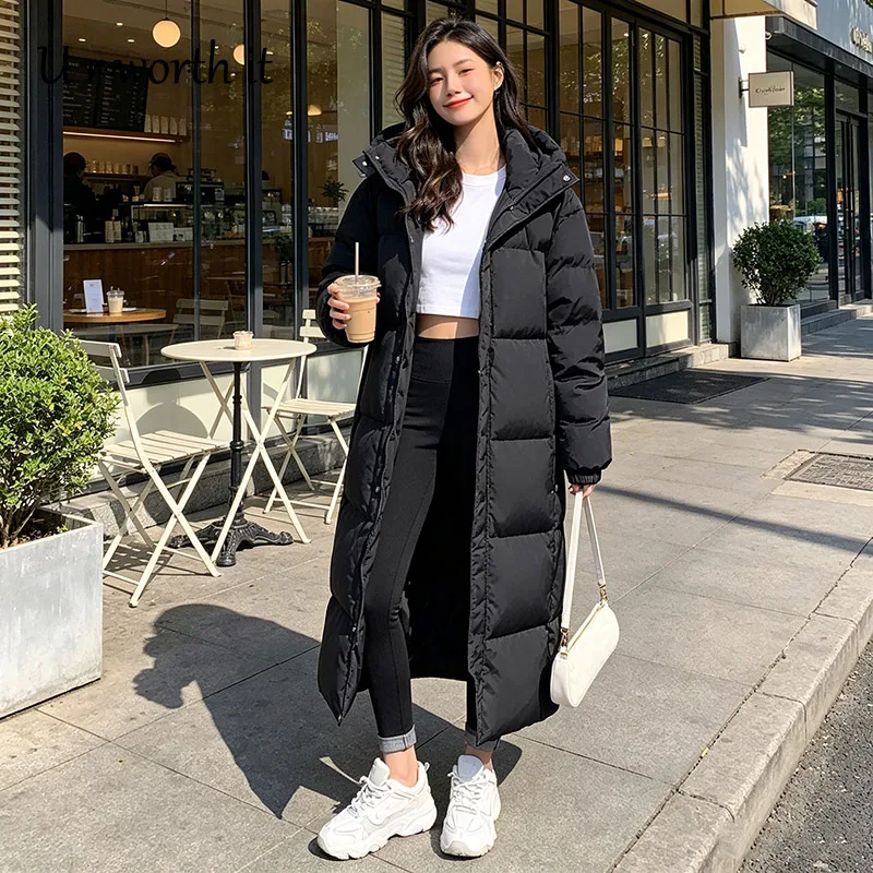 2026 Winter Female Solid Long Puffer Coat Girls Thermal Hooded Padded Coat Lady Korean Classic Fashion Windproof Parkas