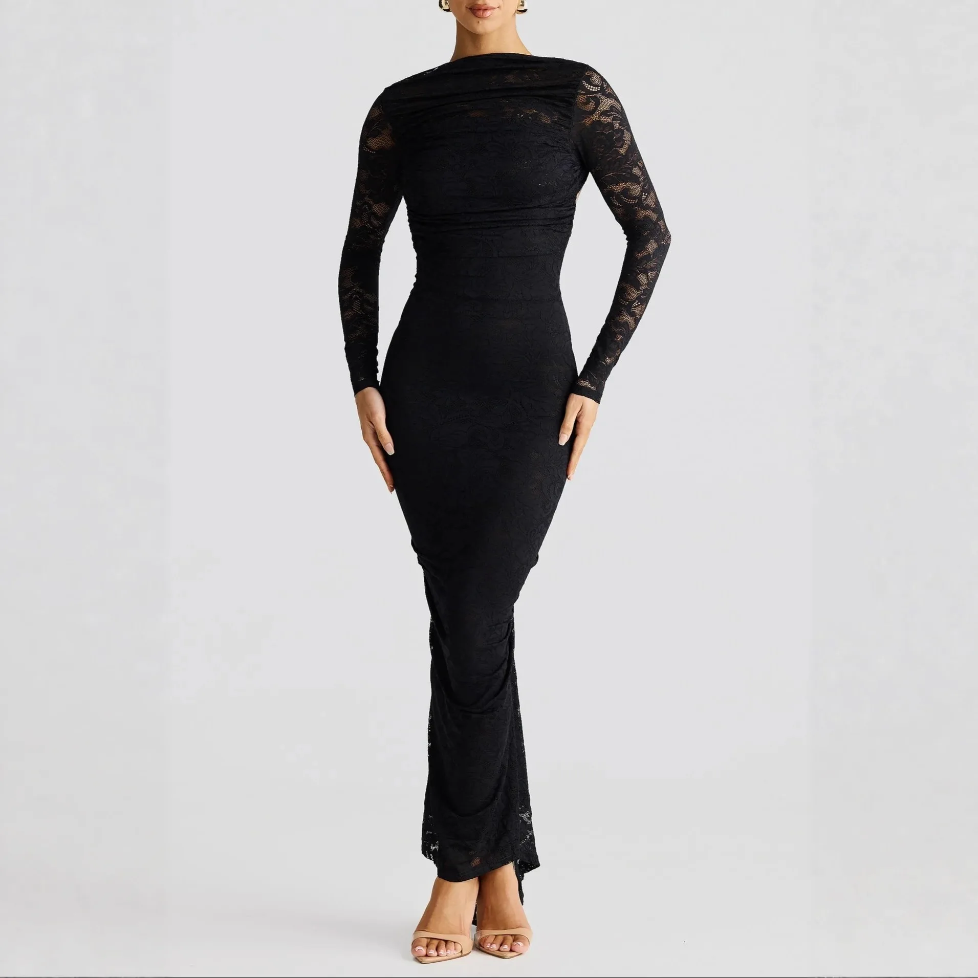 Women Lace 2025 Sheer New Long Sleeve Dress Backless Fashion Sexy Slim Fit Bodycon Long Dress