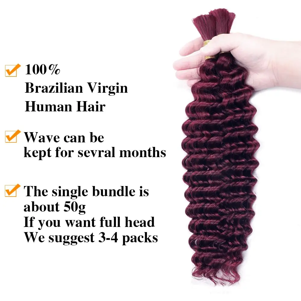 Deep Wave Braided Human Hair #99J Burgundy Deep 100% Raw Brazilian Native Hair Extensions Two Strands 100g Weftless Human Hair