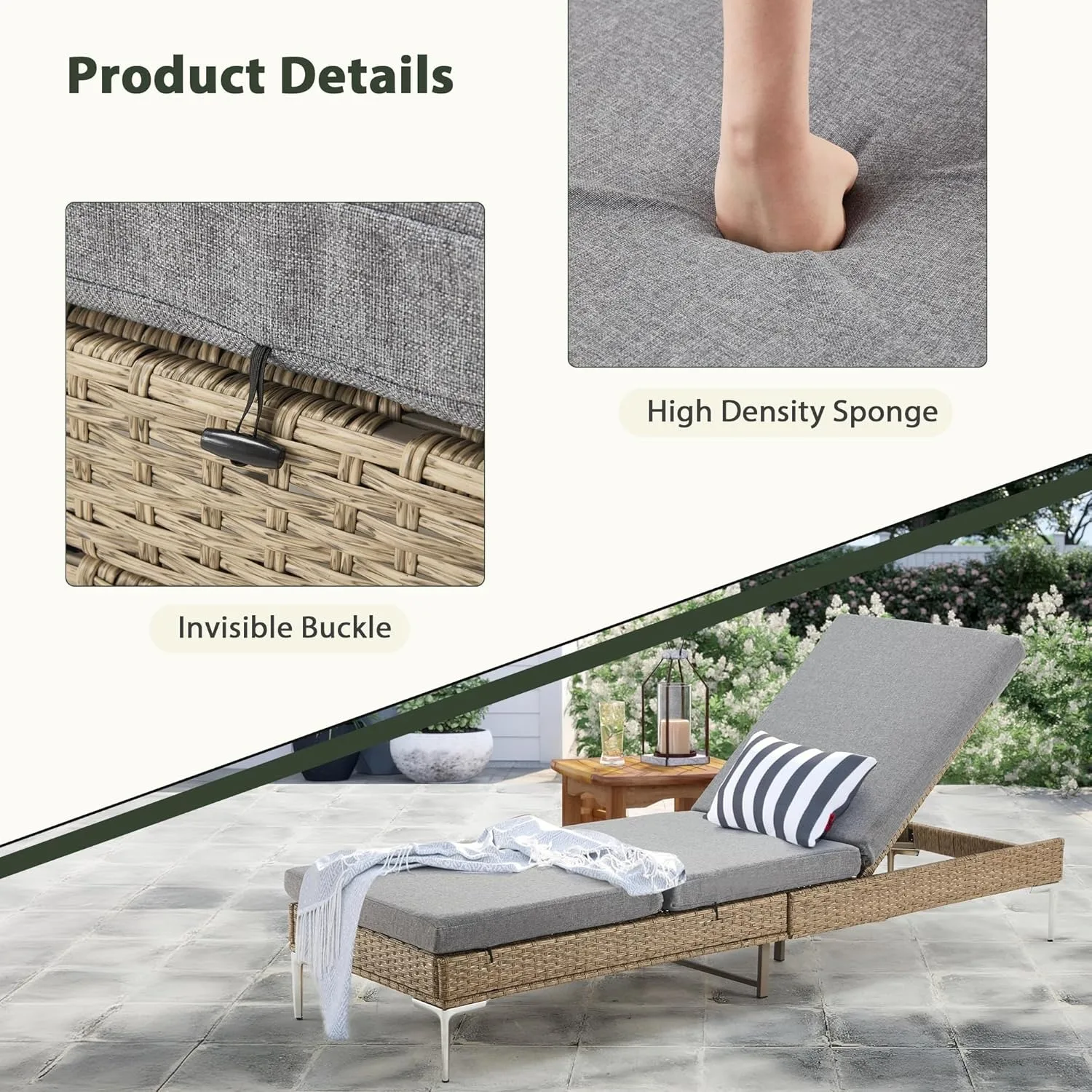 Outdoor Chaise Lounge Set of 2, Patio Wicker Chair with Adjustable Backrest, Rattan Pool Sunbathing Chair Suitable