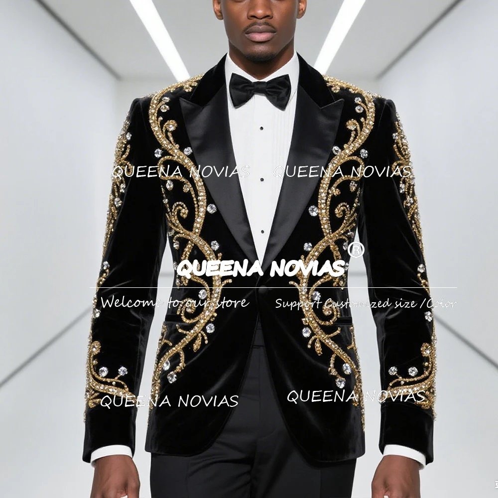

Sparkling Beaded Stons Suits Men Single Breasted Groom Blazers Customized Wedding Tuxedos 2 Pieces Sets terno masculino completo