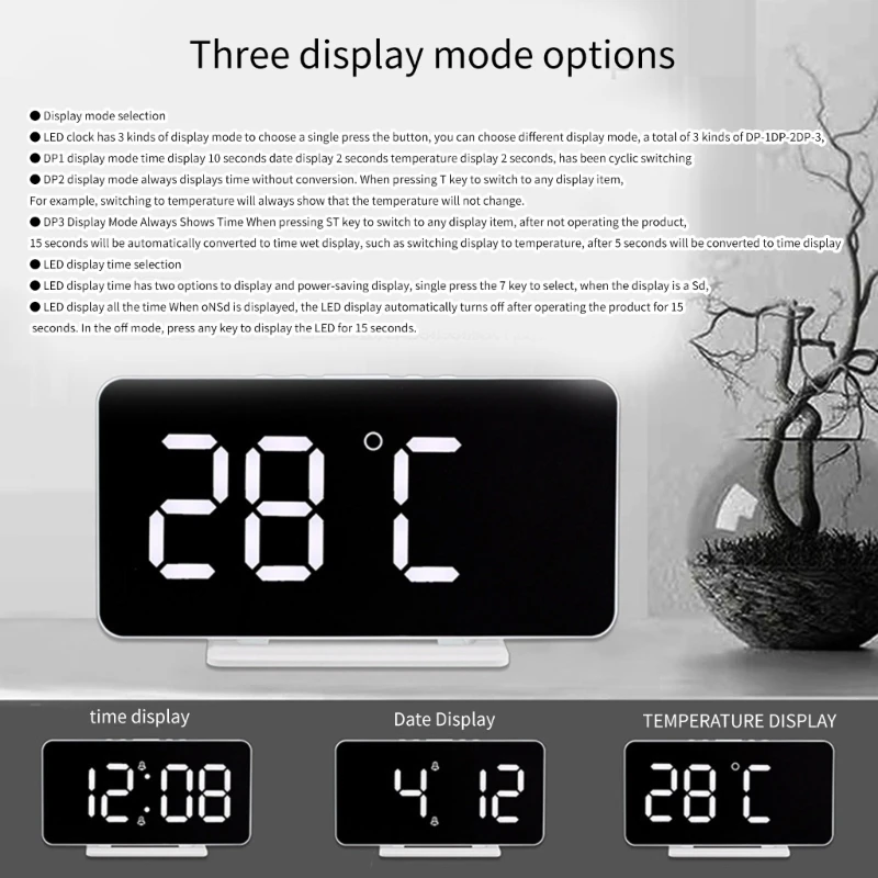 Bedside Clock com alarmes duplos Data leitura temperatura Display LED diminuído
