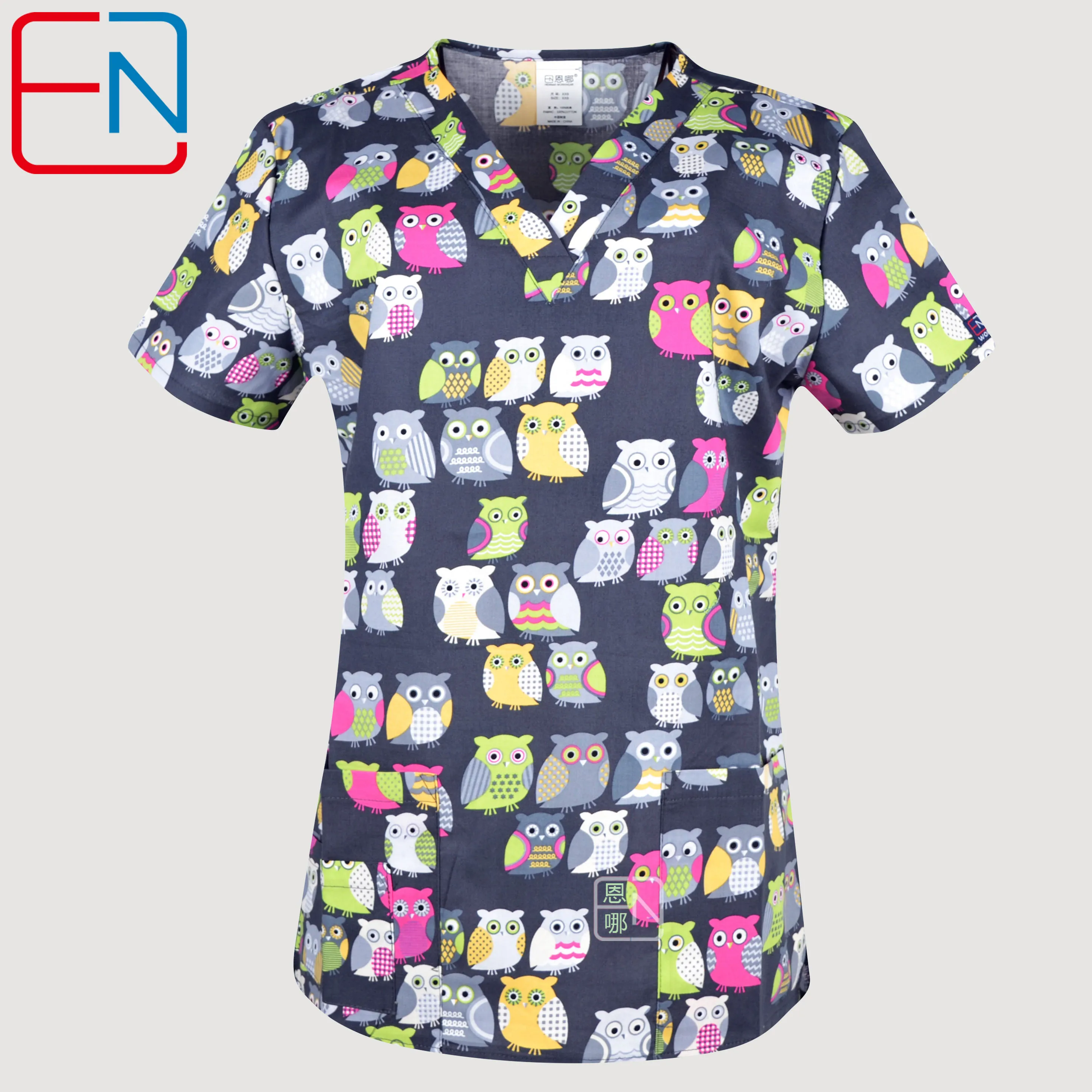 Hennar Women Medical Scrubs Top,Night Owls Print Surgical Uniforms 100% cotton Doctor Scrub Tops XXS-5XL