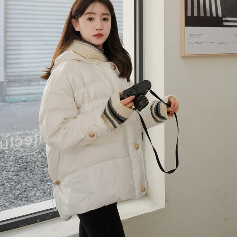Beige gestrickte Spleiß-Daunenjacke mit Kapuze für Damen, Winter, 2022, neuer koreanischer Stil, Design Sense 90, weißer Entendaunenmantel