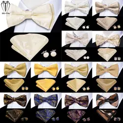 Hi-Tie Beige Champagne Gold Mens Bow Tie Hanky Cufflinks Set Pre-tied Butterfly Knot Bowtie for Male Wedding Business Gift