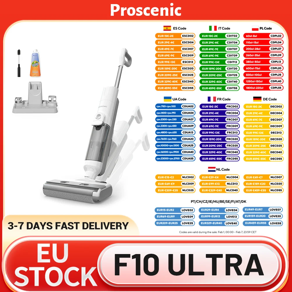 Proscenic F10 Ultra 3-in-1 Kabelloser Staubsauger, Nass &amp; Trocken, 60 Min. Laufzeit, 1,3L Doppel-Wassertank, Selbstreinigend &amp; 3 Modi, LED
