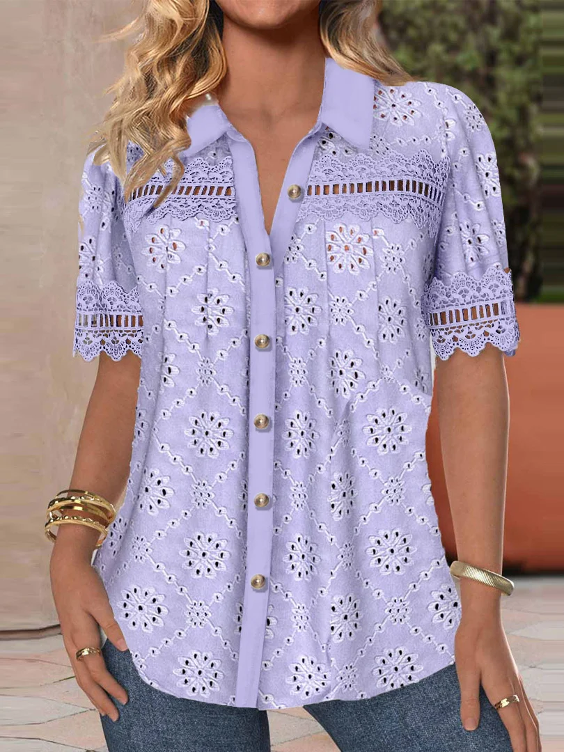 Plus Size Women's Short Sleeve Lapel Lace Stitching Hollow Solid Color Top