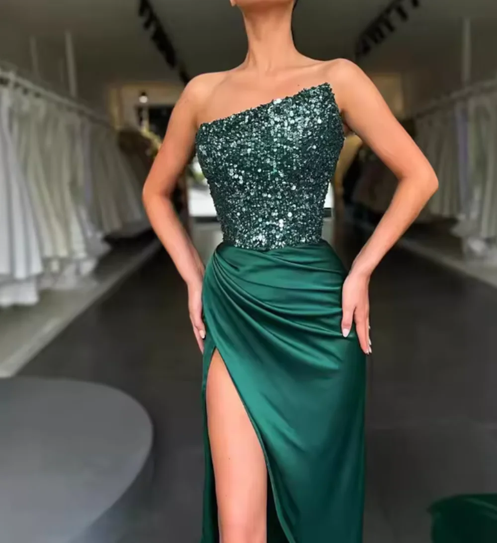 فستان سهرة مثير حورية البحر بدون حمالات من الساتان المتألق ترتر طويل لحفلات الكوكتيل سويب تراين فتحة عالية 2025 مخصص مجاني #2