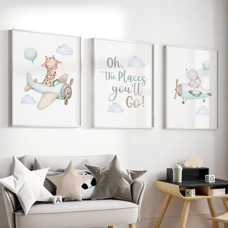 Aircraft Pilot Animals Wall Art Giraffe Elephant Bear Rabbit Canvas Painting Posters And Print Baby Kids Bedroom Home Decoration