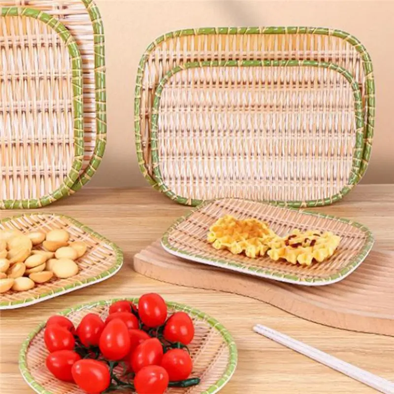 ABRU-Bamboo Weaving Melamine Hot Pot Vegetable Plate Green Barbecue Serving Dish Multiple Styles For Restaurant Use