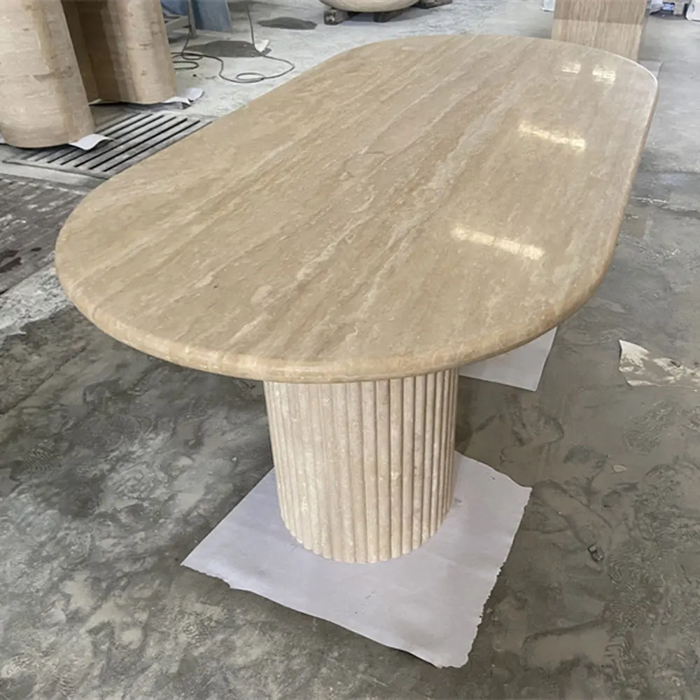 Home Decor Cava Fluted Oval Stone Table Beige Travertine Marble Dining Table With Tavertine Base