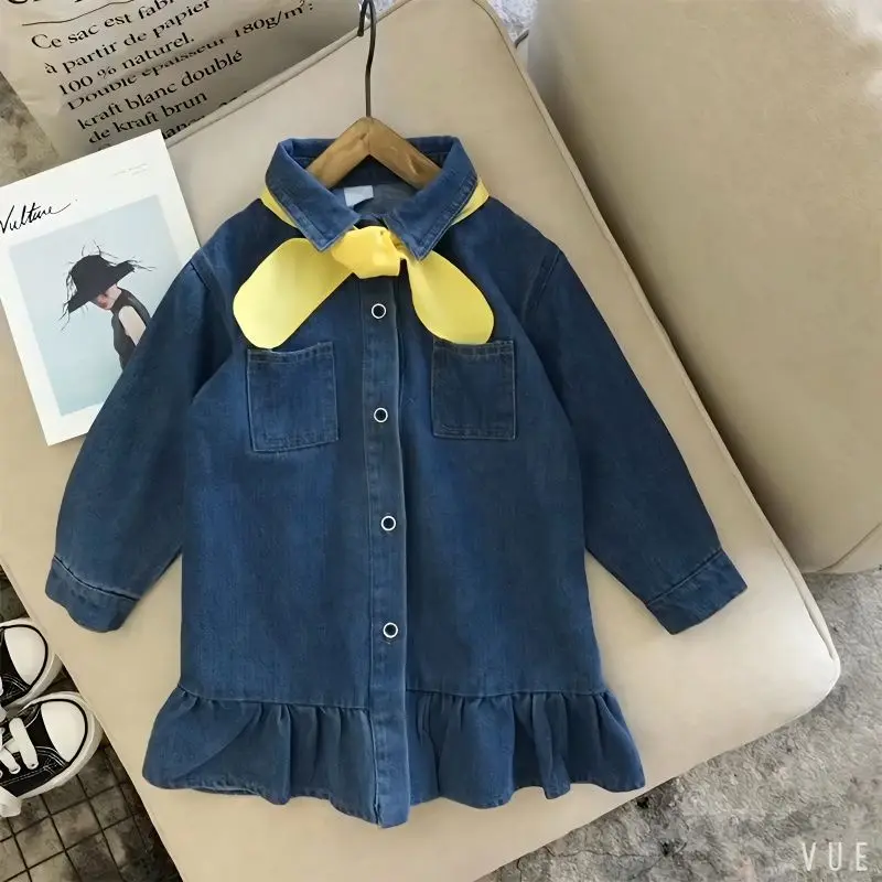 Spring New Girls\' Denim Dress Solid Color Polo Collar Long sleeved Girls\' Princess Dress Casual Button Denim Baby Dress