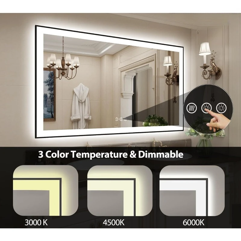 60x38 LED Mirrors with Matte Black Frame for Bathroom Wal Memory, Shatterproof, ETL Listed (Front and Backlit)