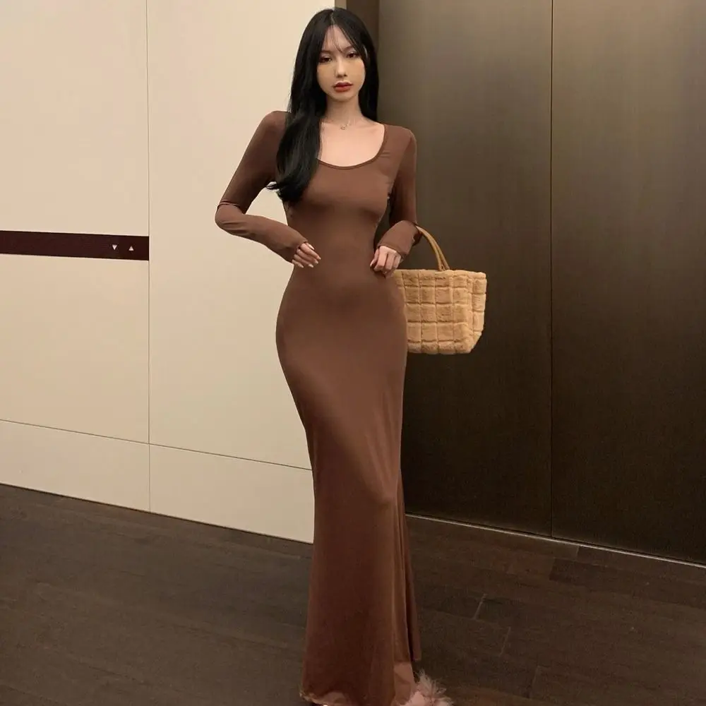 Square Neck Long Sleeve Bodycon Dress Tight Sexy Long Sleeve Slim Fishtail Dress Solid Long Sleeve Elegant Dress Birthday Outfit