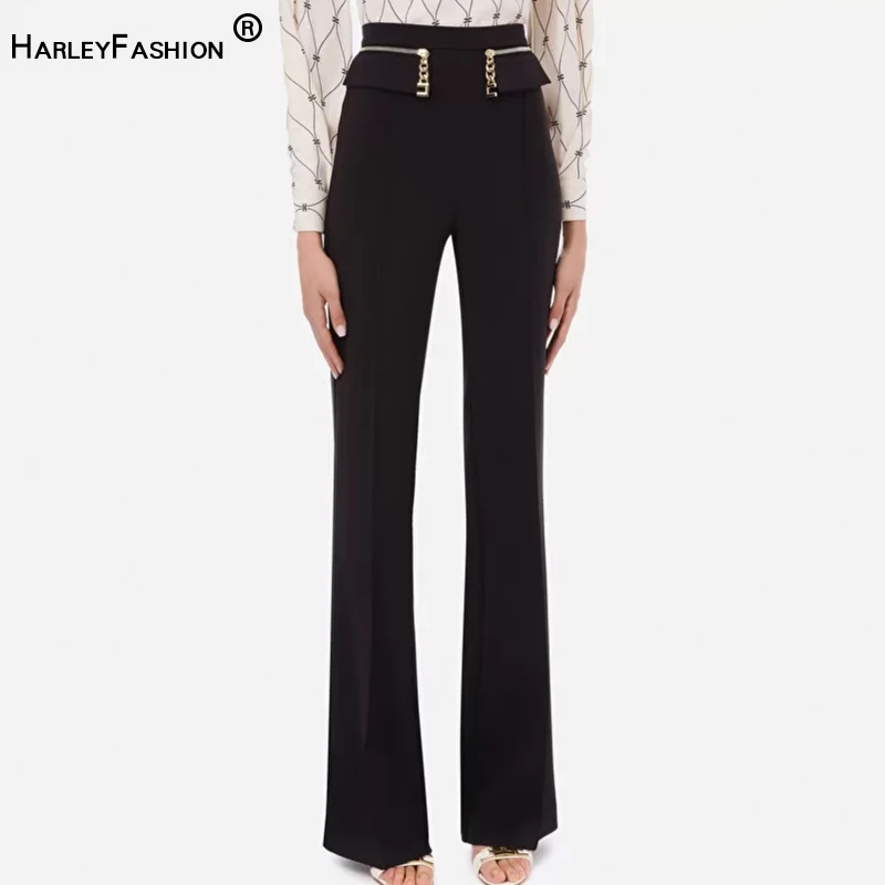 HarleyFashion Womnen Black Wide Leg Pants High Waist Chain Zipper Full Length Quality Trousers