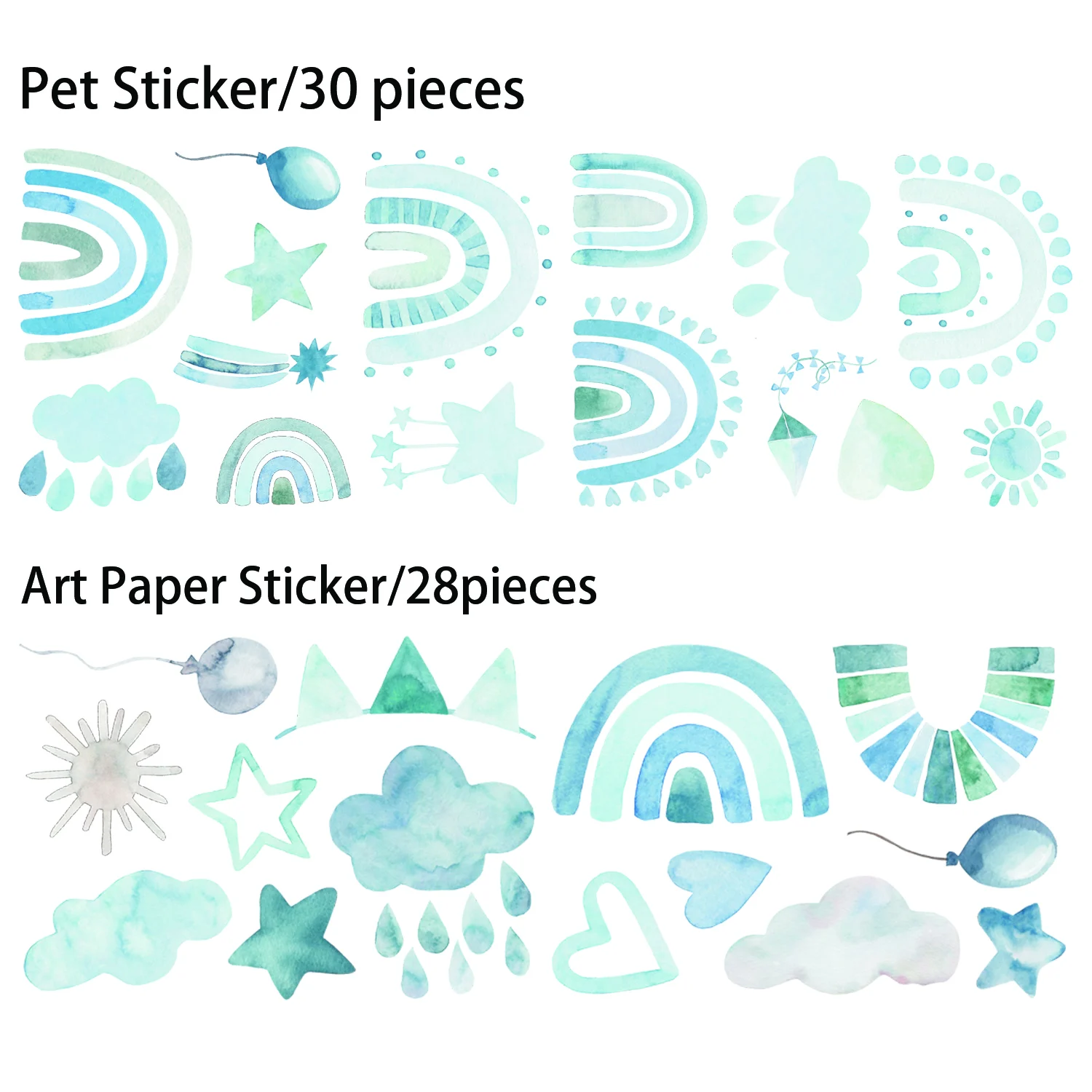 56-58 Stück PET Boho Aquarell Regenbogen Transparente Aufkleber, für Wasserflaschen, Laptops, Helme, Regenbogen-Wandkunst, Scrapbooking. – Detail 7