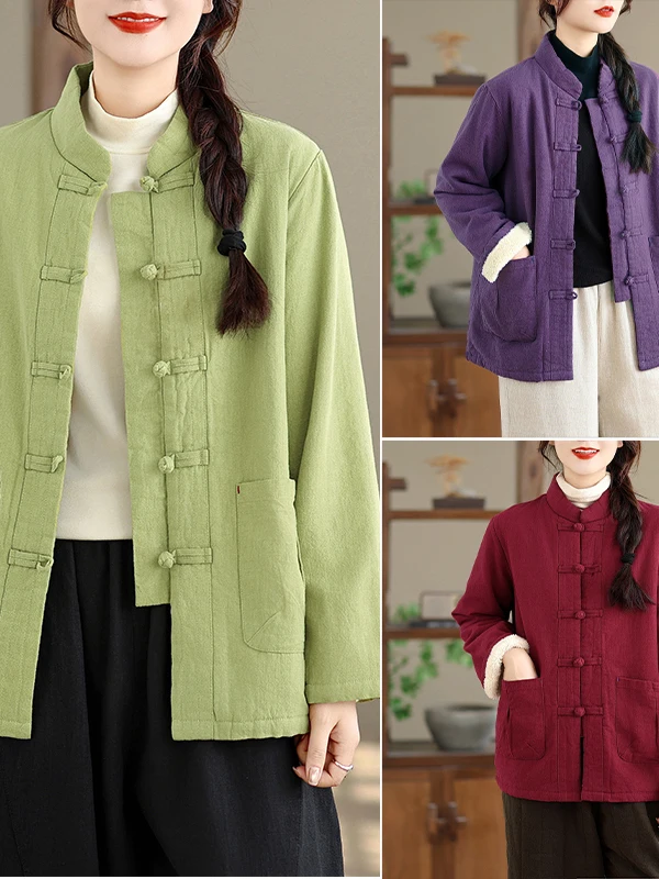 

New Chinese Sle Thiened Cotton Linen Jaet with Button Design Traditional Tang Costume Women's Faion Autumn Winter Coat