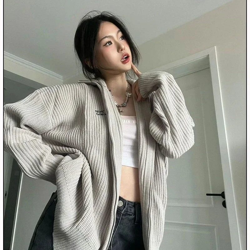 Deeptown Vintage Gray Sweater Women Korean Style Zipper Knit Cardigan Japanese Fashion Streetwear Oversized Knitwear Aesthetic