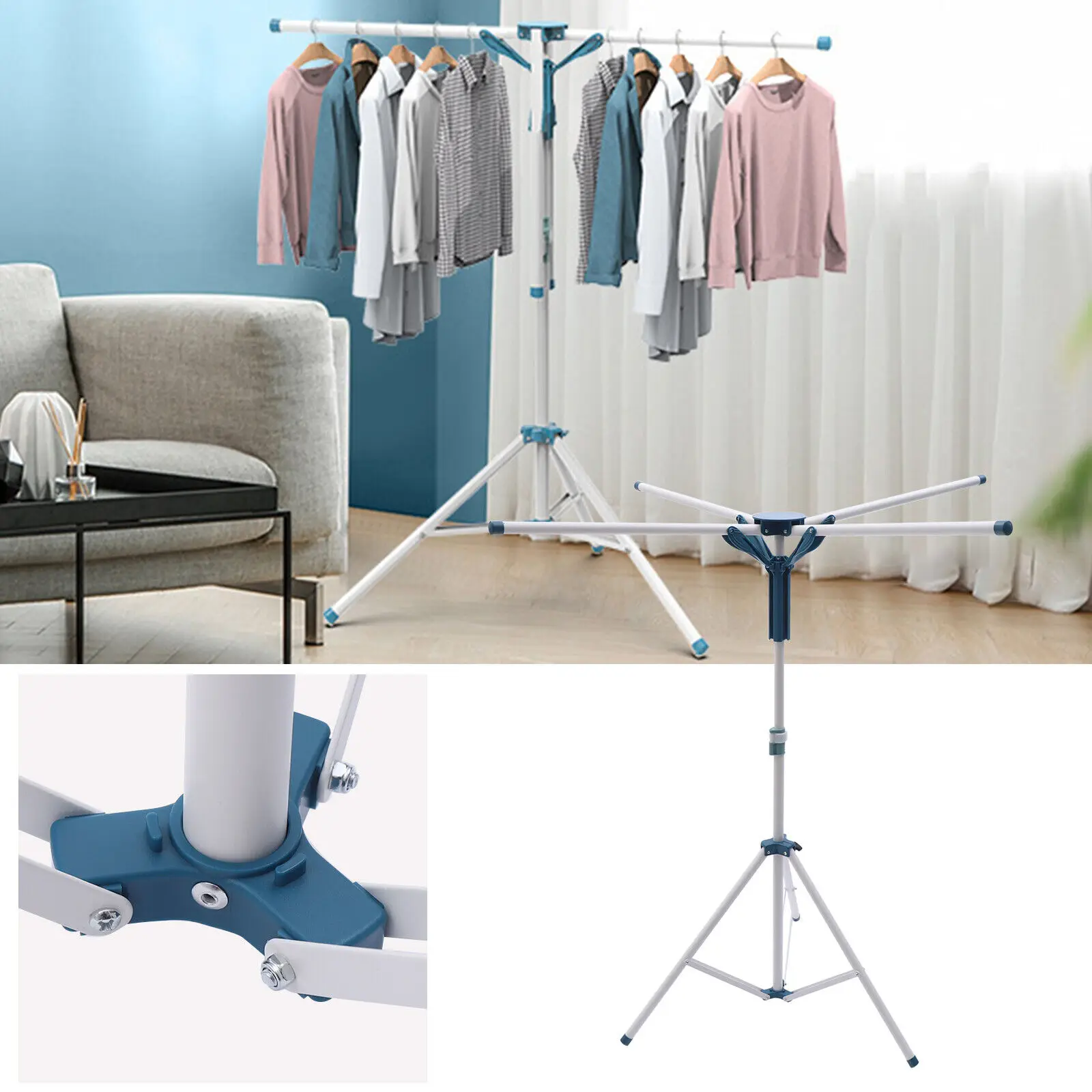 Portable Clothes Drying Rack Tripod Stand Metal Coat Hanger Foldable Garment Stand 110-180cm Adjustable