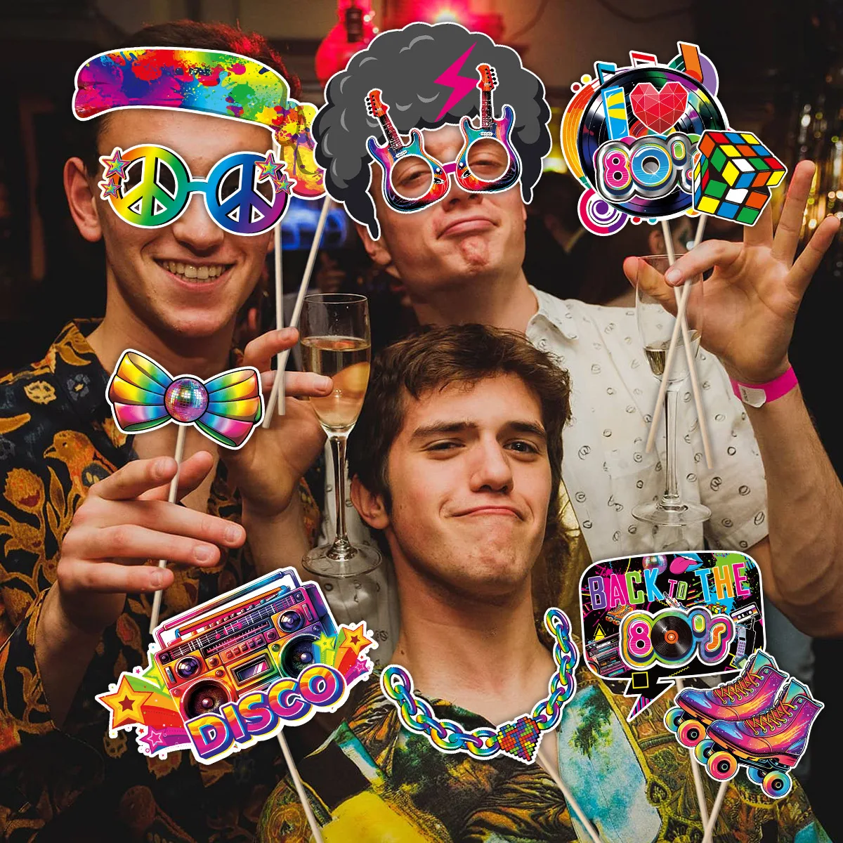 30Pcs/Set 80s Disco Music Theme Photo Booth Props Hip Hop Dress Up Paper Masks for Birthday Bachelorette Wedding Party Decor - view 5