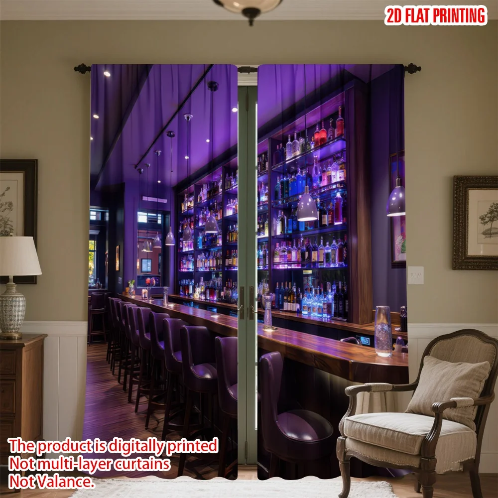 

2D flat printing 2pcs Curtains Purple Bar Ambience Digital Printed Polyester Drapes Festive Holiday for Indoor Celebrations