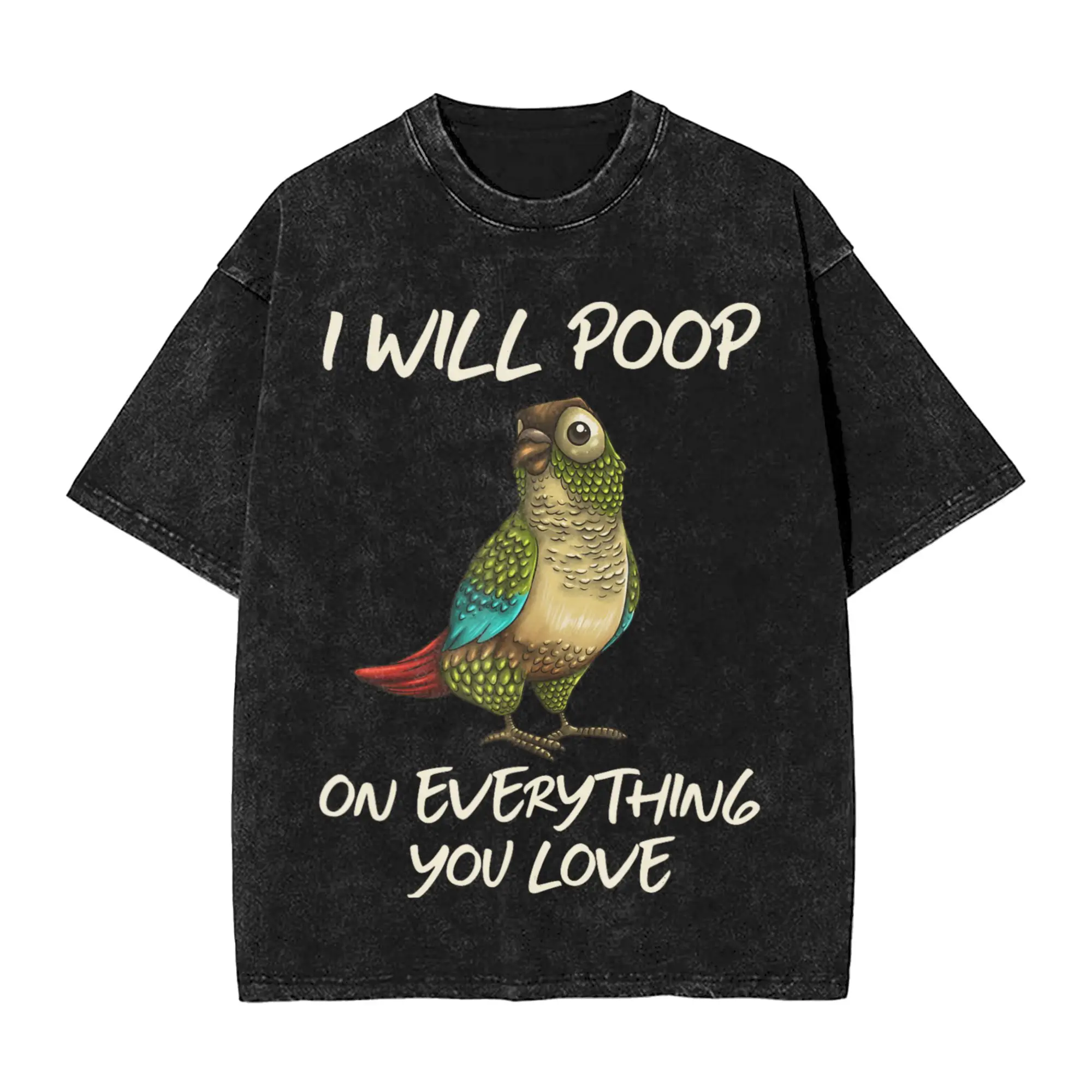 Oversized Washed T Shirt Funny Green Cheek Conure Design Parrot Cotton T Shirts Fashion Tshirt for Men Summer Retro Casual Tops