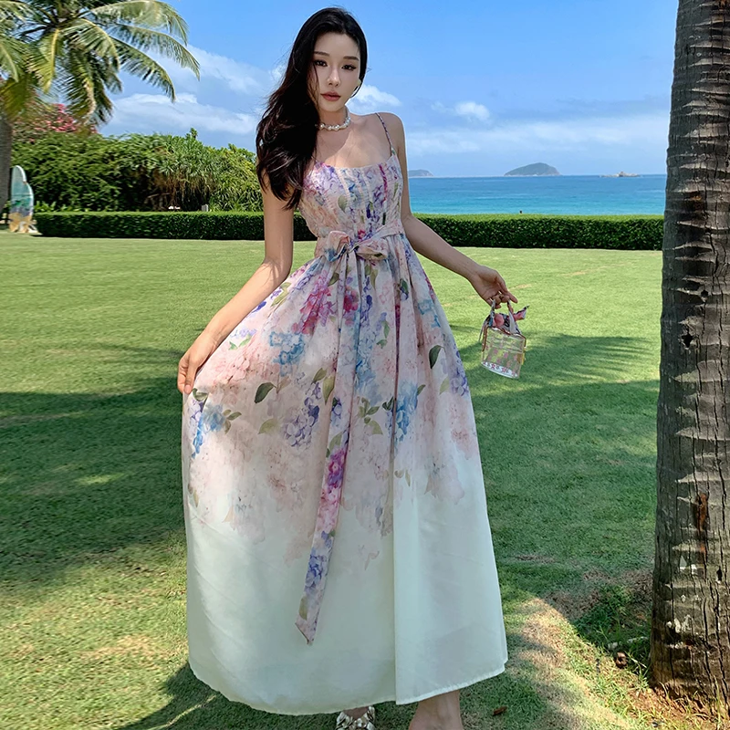 

Elegant Vintage Print Floral Vacation Beach Long Dress Women Summer Sleeveless Spaghetti Strap Backless Bandage Party Dresses