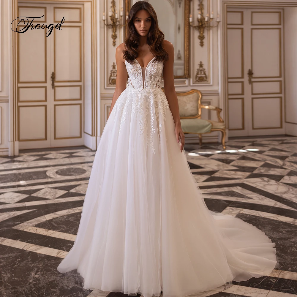 

Traugel Elegant Sweetheart Backless Vintage Wedding Dresses Luxury Appliques Beaded Court Train A Line Bridal Gown