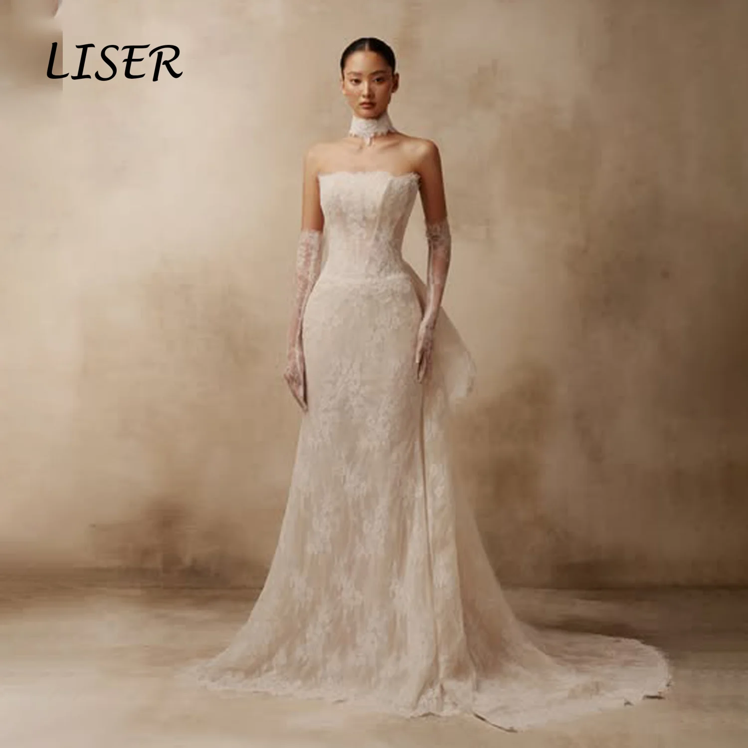 LISER Customize Strapless Lace Corset Mermaid Wedding Dress Matching Long Lace Gloves Slim Fitted Elopement Robe De Mariée 2026