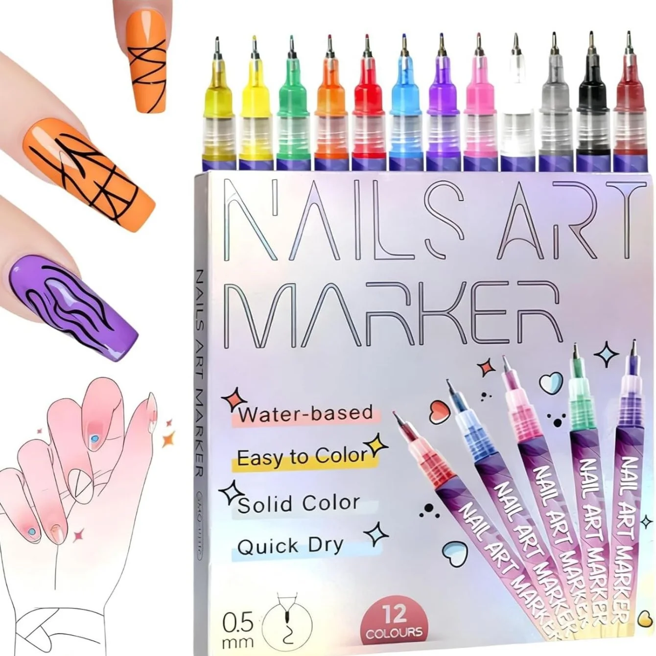 

12colors Nail Art Markers 0.5MM Quick-Dry Acrylic Dot Paint Pens DIY Drawing Manicure Pen Nail Decoration for Nail Salon Use