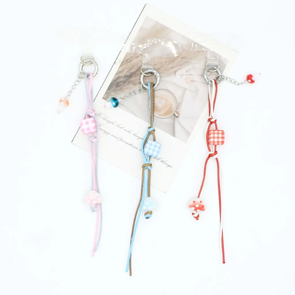 Cute Wax Thread with Checkered Square Bead Keychain Bag Charm for Women Car Keys Phone Lanyard Backpack Decors Handbag Body Kit