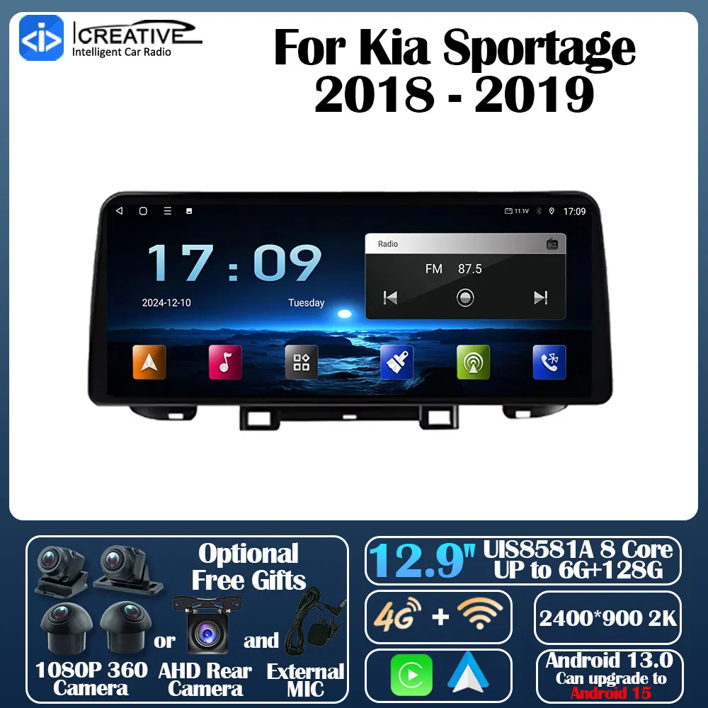 12.9inch For Kia Sportage 2018 - 2019 Android 13 Car Radio Carplay Autoradio Auto GPS Navi  Multimedia Player Stereo No 2din DVD